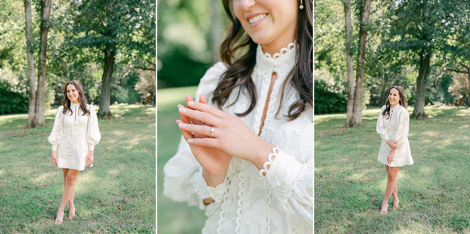 bride to be in white dress during engagement session