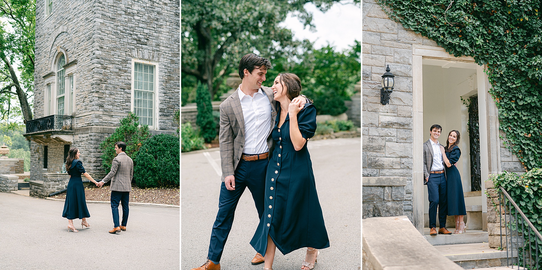 Couple walk together at Cheekwood Estate during engagement session