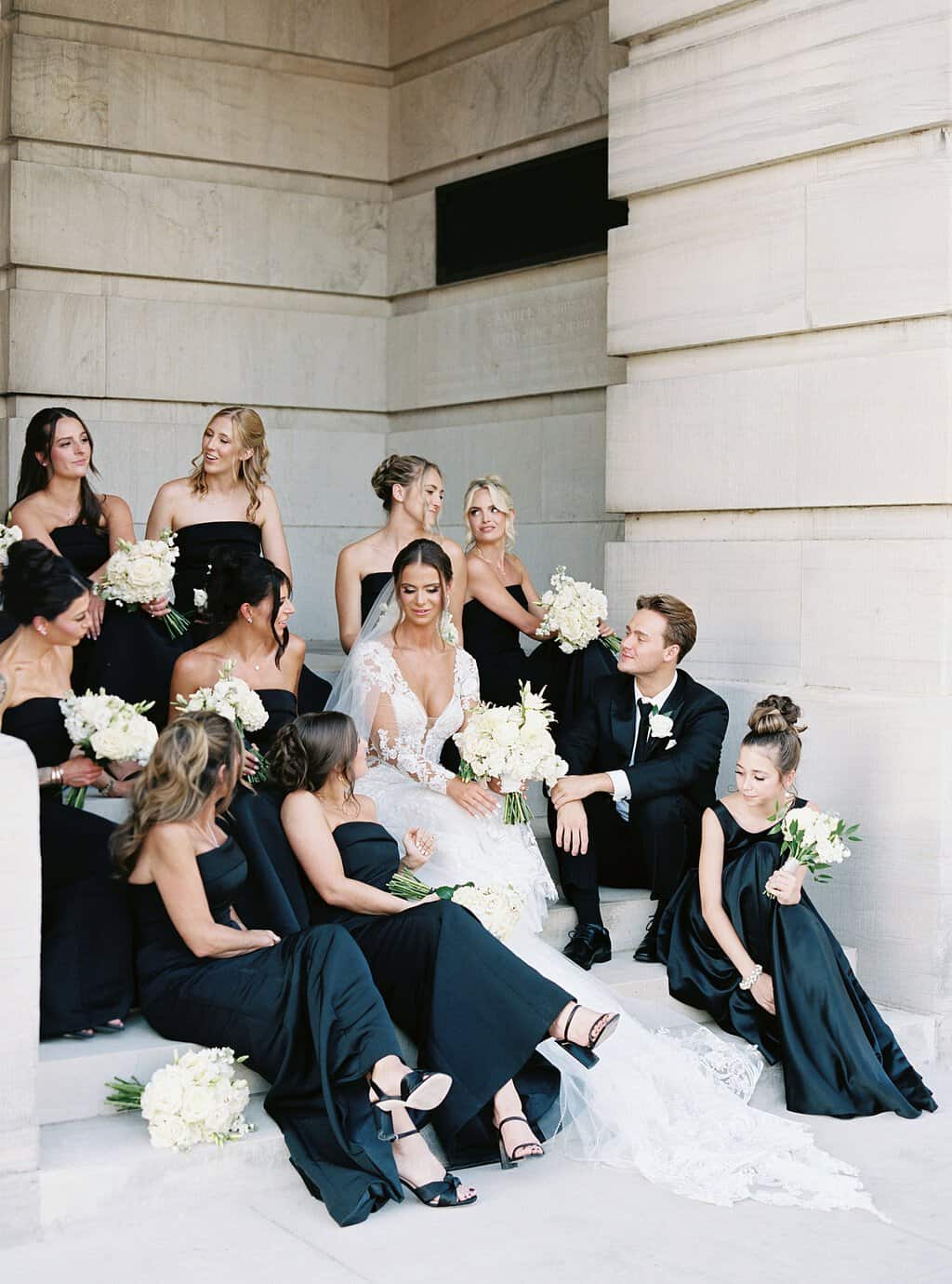 wedding party and bride on steps of TN Capitol building