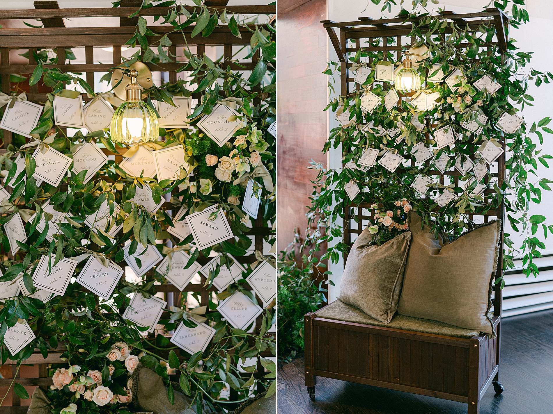 seating chart with white cards surrounded by greenery