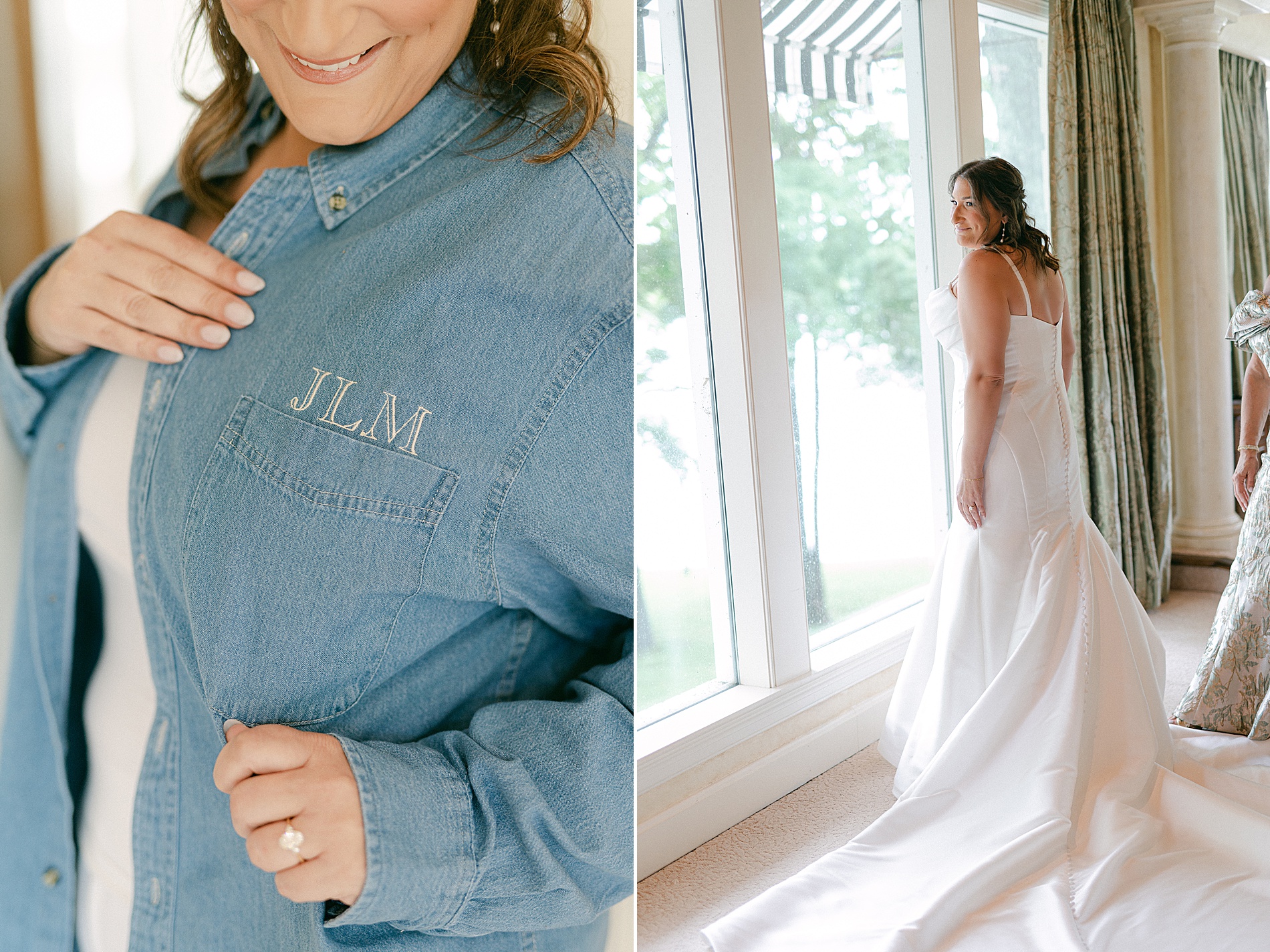 bride in wedding dress and custom jean jacket with initials