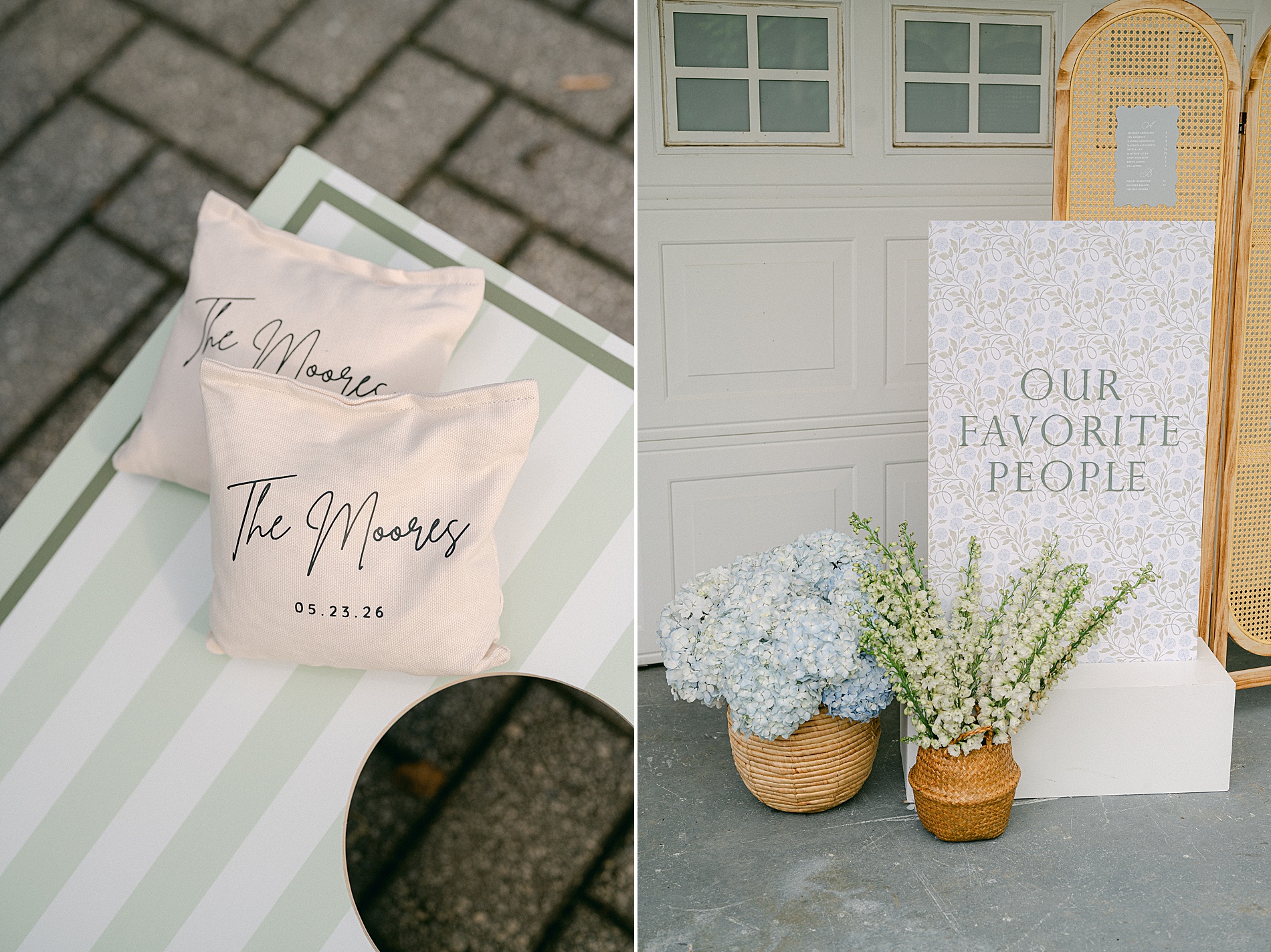 custom corn hole bags and wedding signage
