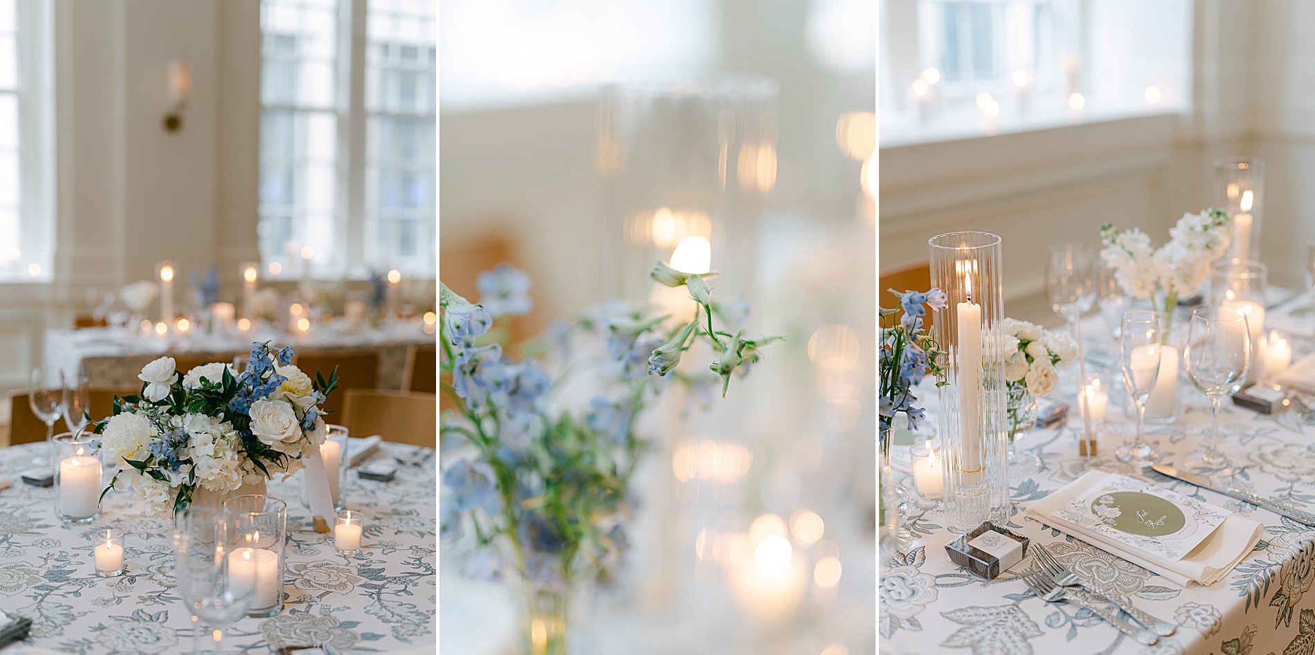 white and blue flowers and candles decorate tablescape at rehearsal dinner