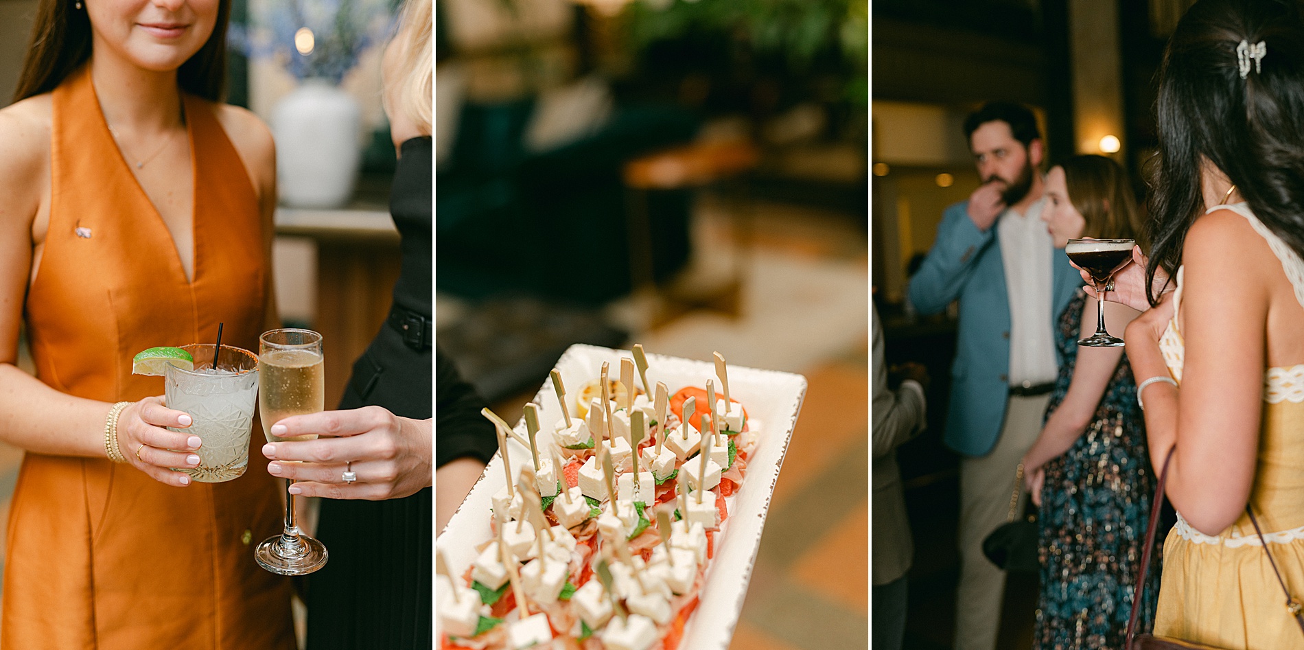 guests enjoying espresso martinis and appetizers at rehearsal dinner