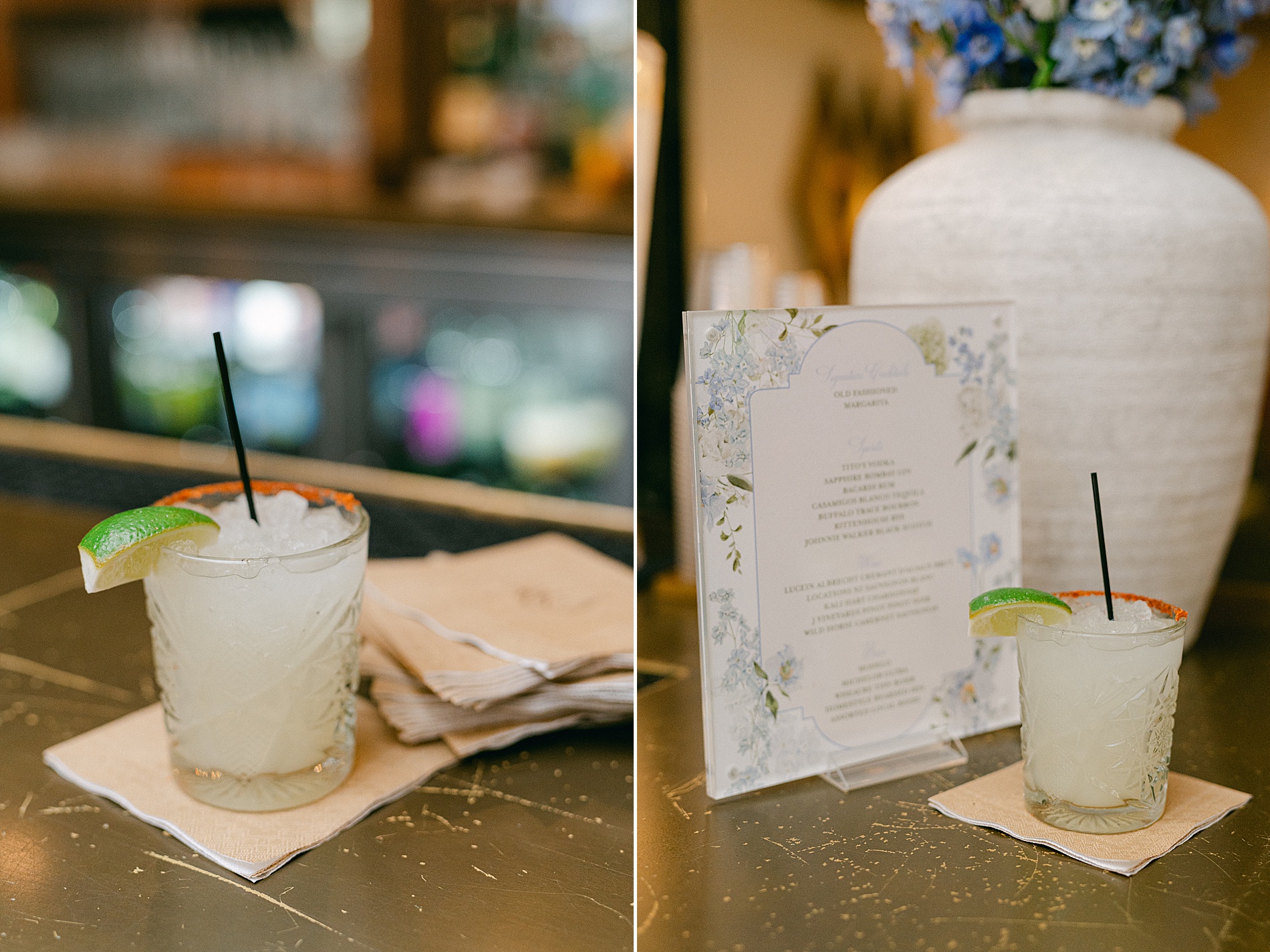 signature cocktail next to bar sign