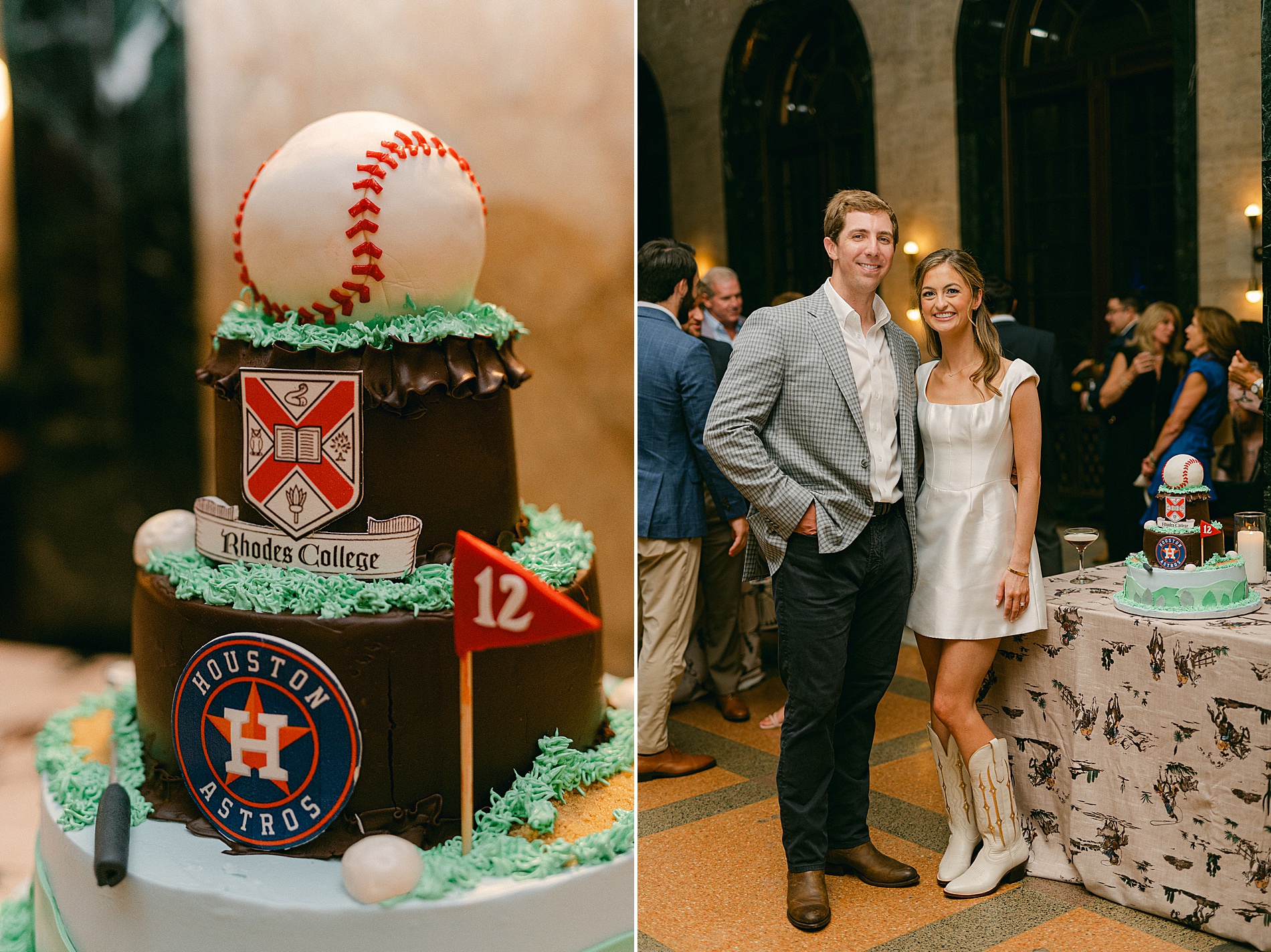 couple by cake at wedding welcome party