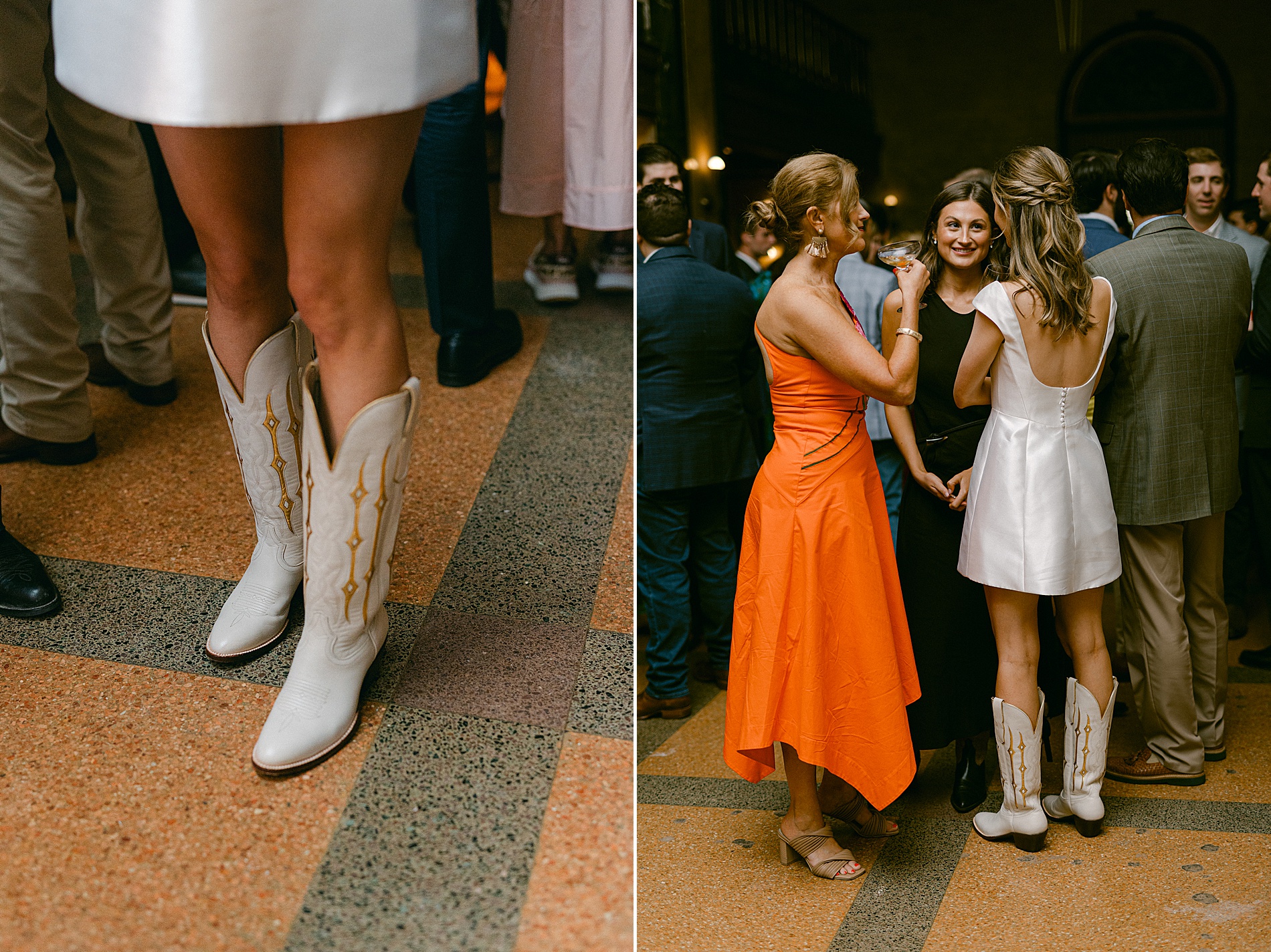 bride-to-be in white cocktail dress and cowboy boots