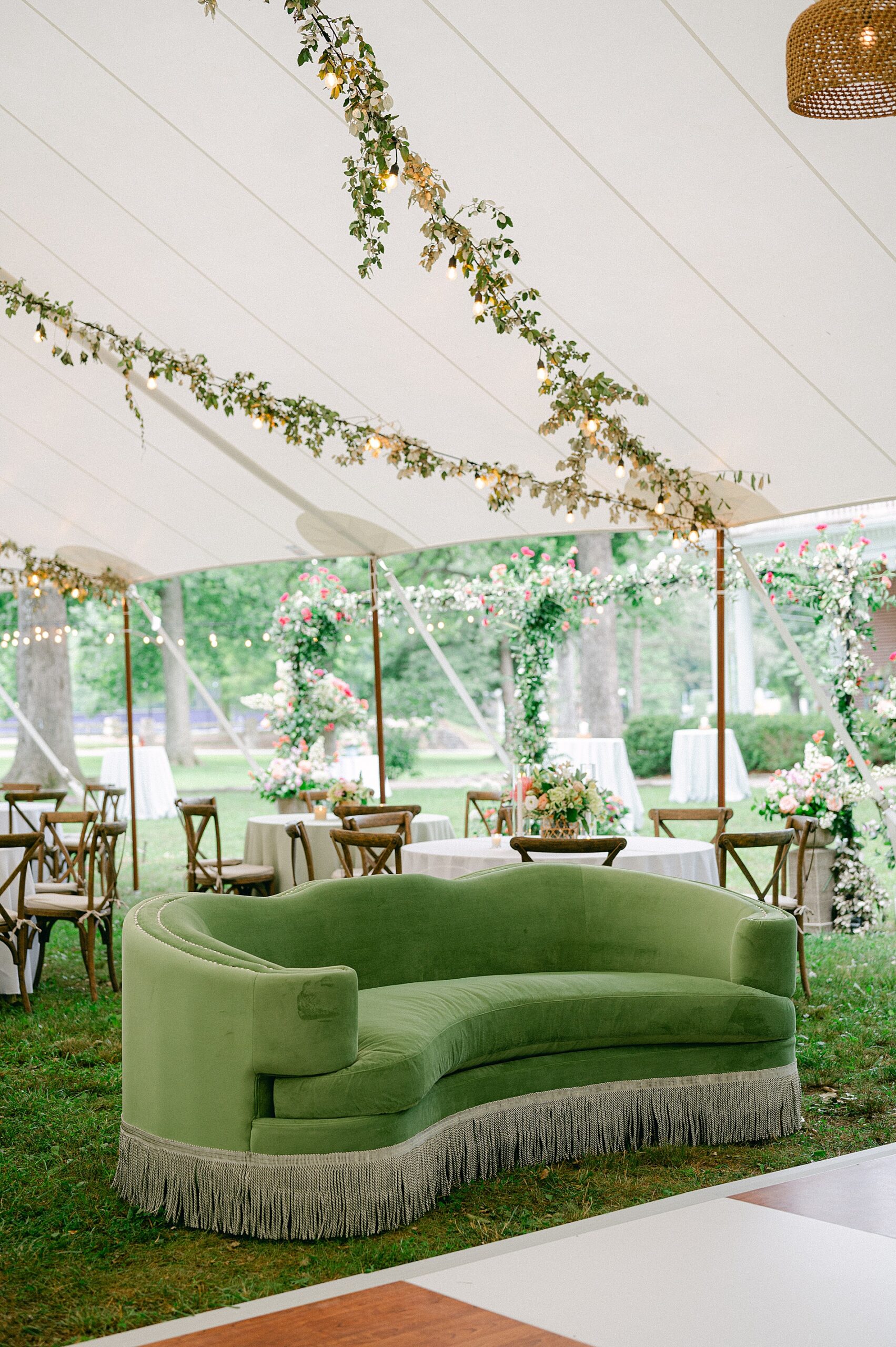 lounge area at tented wedding reception
